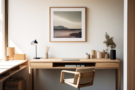 Wooden desk in a minimalist office space, with an mix of professional and personal items. Home officeの素材