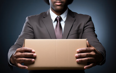 The concept of dismissal from work. Close-up cardboard box held by a sad ex-office worker fired from his manager position facing uncertainty about the future and unpaid billsの素材
