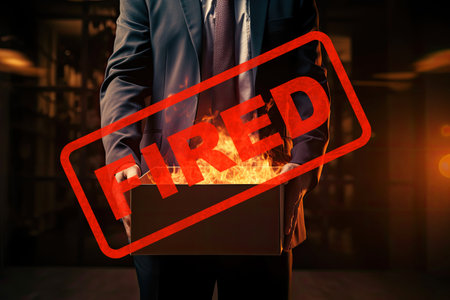 Ð¡oncept of dismissal from work, you are fired frase. Ð¡lose-up cardboard box held by an office worker, symbol of contract was terminatedの素材