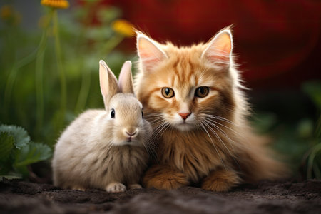 Little kitten and a rabbit touching each other on green plants background, animal relationshipの素材