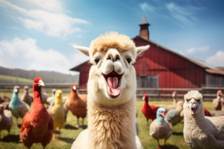 Comical Alpaca in a farmyard, surrounded by curious chickens in the backgroundの素材