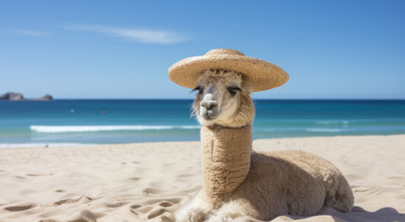 Alpaca wearing a beach hat, sitting on the beach sand, travel concept with copy spaceの素材