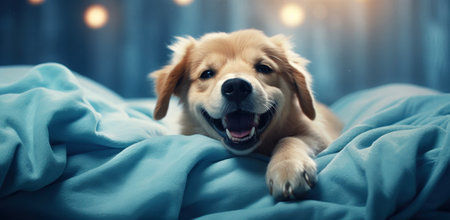 Dog in a bedroom is smiling, close-up, humorous photo with copy spaceの素材