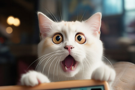 White cat that has a mouth open, humor meme, close up photoの素材