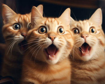 Three cats close up that have a mouth open, meme conceptの素材