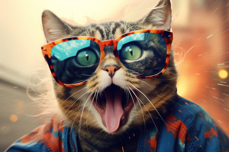 Meme art concept with cat wearing sunglasses and cardigan, close upの素材