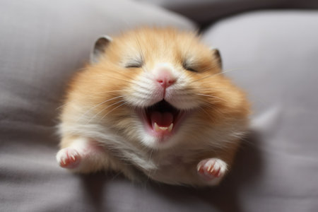 Funny hamster with stuffed cheeks smiling with closed eyes, shot with a wide-angle lensの素材