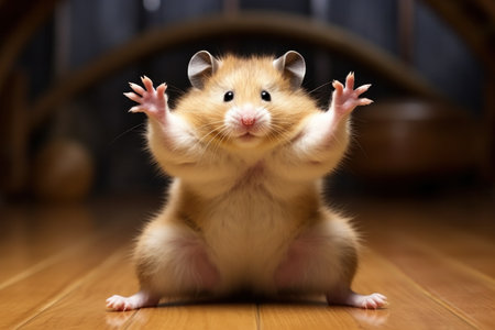 Hamster Roborovski contorting his body into a funny yoga pose on the blurred backgroundの素材