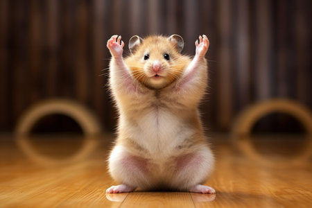 Hamster Roborovski contorting his body into a funny yoga pose with raised handsの素材