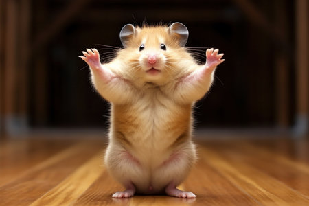 Hamster Roborovski contorting his body into a funny pose with hands upの素材