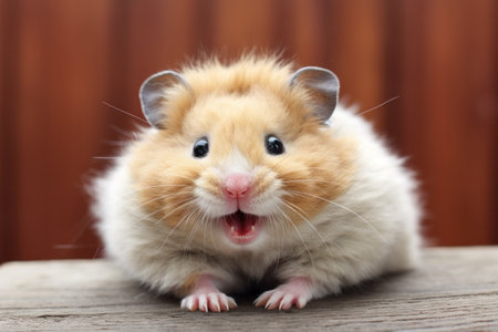 Shaggy hamster with stuffed cheeks smiling looking at the camera, shot with a wide-angle lensの素材