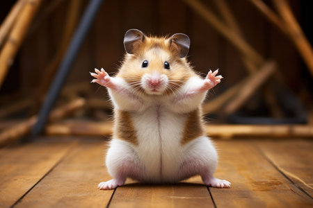 Hamster Roborovski with raised hands on the brown backgroundの素材