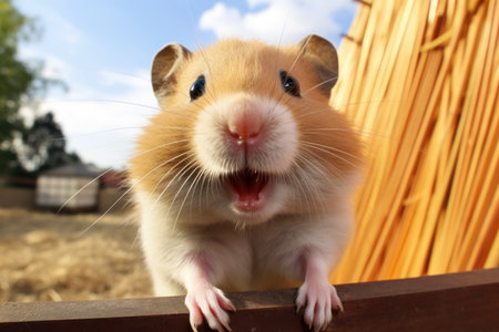 Funny hamster with stuffed cheeks smiling looking at the camera, shot with a wide-angle lensの素材