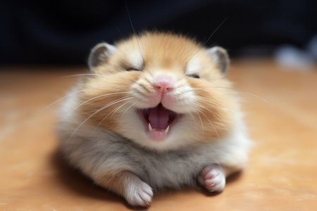 Funny small hamster with stuffed cheeks smiling looking at the camera, shot with a wide-angle lensの素材
