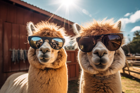 Comical funny Alpacas close up in a cozy farmyard, wearing sunglassesの素材
