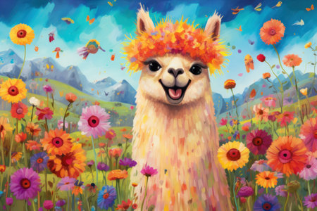 Laughing Alpaca in a Colorful Meadow, on the flower field with copy spaceの素材