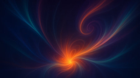 A dramatic abstract digital artwork featuring glowing energy waves and a luminous focal point on a dark background. Ideal for futuristic designs, creative backgrounds, banners, preの素材