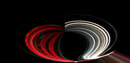 curved red and white heart shaped lines on black background. Abstract drawing.