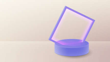 3d vector illustration podium, stage, stage cylinder with square frame partially cut off. Dark...