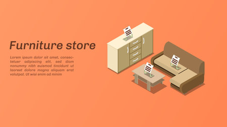 Vector isometric illustration of a furniture store. Horizontal banner with advertising. Sofa, table, cabinet with shelves.のイラスト素材