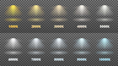 Set of light from lamps, spotlights. Color temperature from 1000 to 10000 Kelvin. vector illustration.のイラスト素材