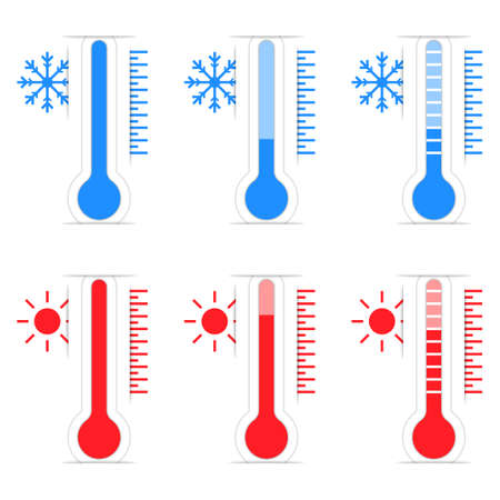 Set of thermometers red and blue on white background. Cut paper style with shadows. vector...