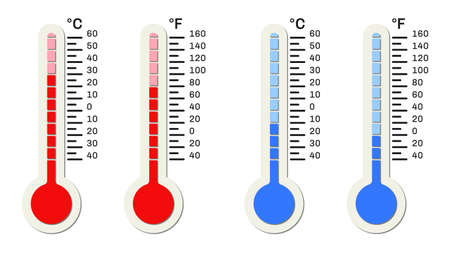 Thermometers Celsius and Fahrenheit, red and blue on white background. vector illustration.