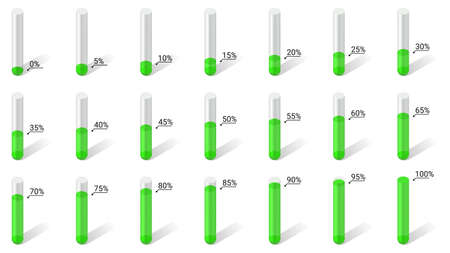 Set of flasks for infographics. The liquid is green. Percentages from 0 to 100 in increments of 5. Vector illustration.のイラスト素材