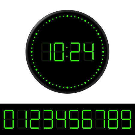 Black round digital clock with green numbers. LED scale. Set of numbers from 0 to 9. Vector illustration.のイラスト素材