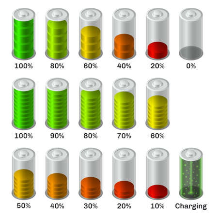 Set of battery charge level indicators in isometric view. Objects are isolated on a white background. battery charge. vector illustration.のイラスト素材