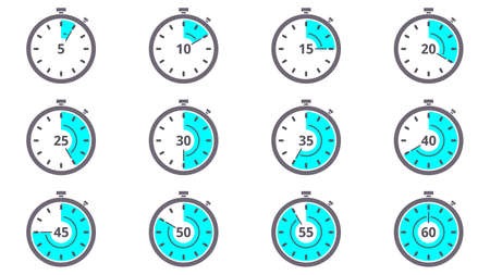 Timer, stopwatch isolated icons set. Scale from 5 to 60. Vector illustration.