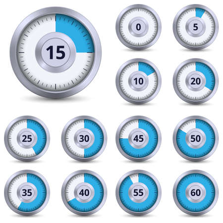 Set of timers with blue indicator. Scale from 0 to 60. Vector illustration.のイラスト素材