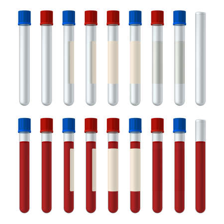 Set of blood sample containers with red and blue cap isolated on white background. Liquid test tubes with label. vector illustration.のイラスト素材