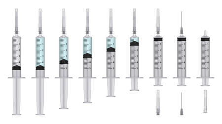 Realistic medical disposable syringe. Plastic syringe with and without needle. For vaccine injection, with and without liquid. vector illustration.のイラスト素材