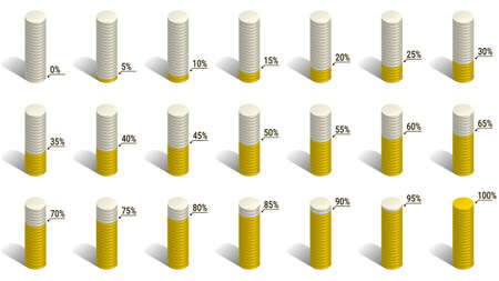 Set of cylinders diagrams for infographics in the form of coins. Percentages from 0 to 100 in increments of 5. Vector illustration.のイラスト素材