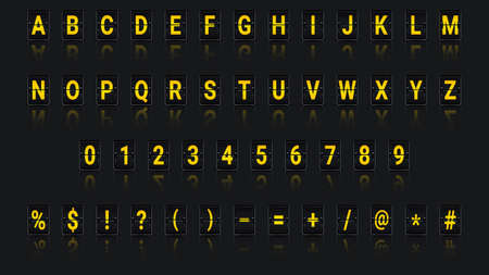 Set of mechanical scoreboards with alfofit, numbers and symbols. Placard with reflection on dark background. Decor elements for retail, trade events. vector illustration.のイラスト素材