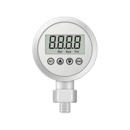 Realistic digital pressure gauge with fitting isolated on white background. pressure measuring instrument. vector illustration.のイラスト素材