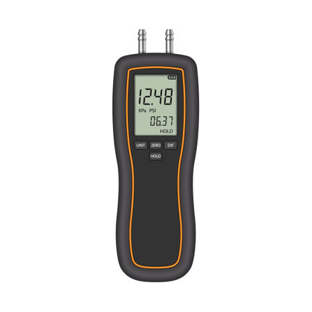 Digital differential pressure gauge on white background. Device for measuring pressure. vector illustration.のイラスト素材