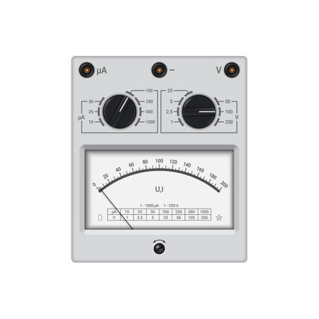 Realistic voltmeter ammeter with pointer dial. Device for measuring voltage and current strength....