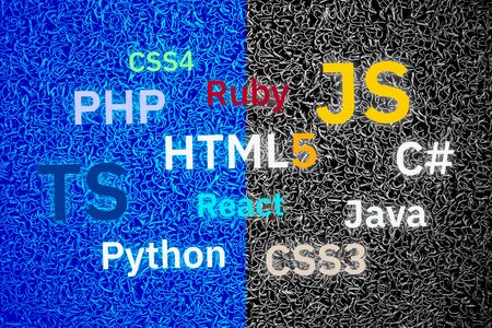 Web Programming languages concept. Woman developer with her hand holding modern sign with word...