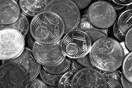 A lot of European cent coins black and white