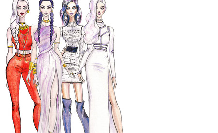 illustration fashionable girls. shopping. fashion illustration. fashion banner.collage. art sketch of beautiful young woman in dress. Street fashion.の写真素材