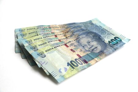 Fanned out south african one hundred rand R100 bills isolatedの写真素材