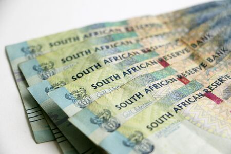 Isolated South African one hundred rand notes money currency fanned out with space for textの写真素材