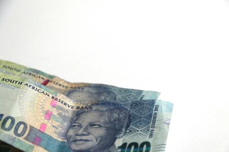 Isolated South African one hundred rand notes money currency with space for textの写真素材