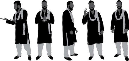 Collection of Indian men silhouette posing wearing a decorative sherwani for a traditional cultural eventのイラスト素材