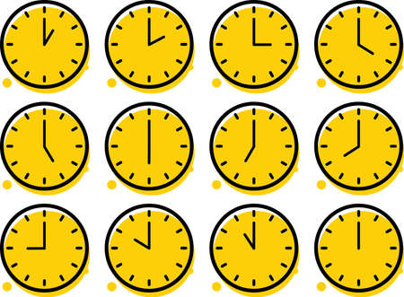 a collection set of yellow analog clocks telling the time