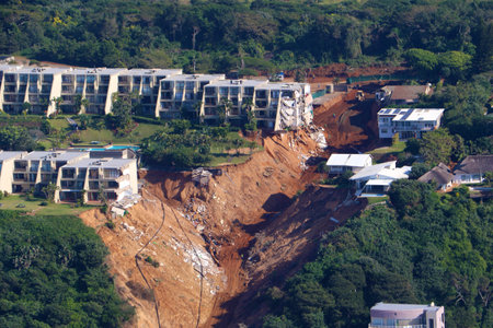 Devastating landslide in Umdloti, Durban, KwaZulu-Natal, South Africa which washed away apartment block during the heavy rain and floods in June 2022のeditorial素材