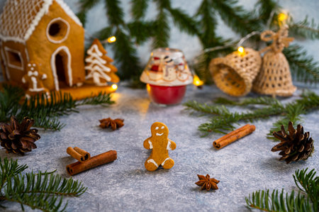 Christmas still life with traditional gingerbread cookies on white background.