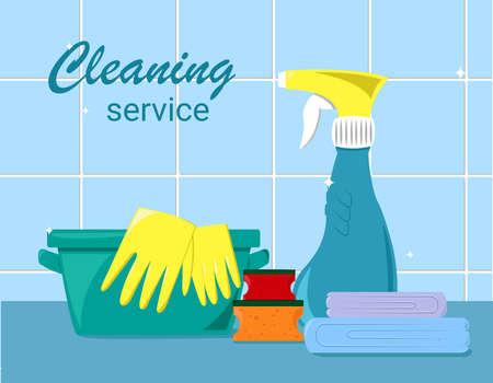 Cleaning Service Sign, Tools and Chemicals Round Backgroundのイラスト素材